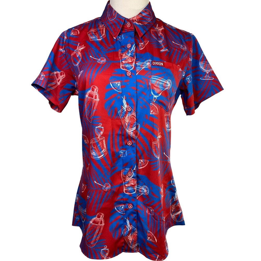 Dixxon 'The Mixer Co.'‎ ladies Red Blue Cocktail Print Button Up Shirt Size S